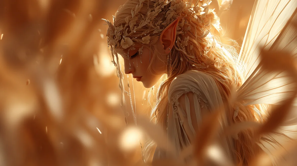 Modern artistic interpretation of Áine as a golden, flower-crowned female figure in warm summer light.