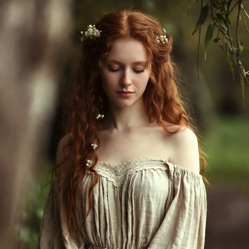 Modern artistic interpretation of Áine as a red-haired woman in a soft green woodland setting.