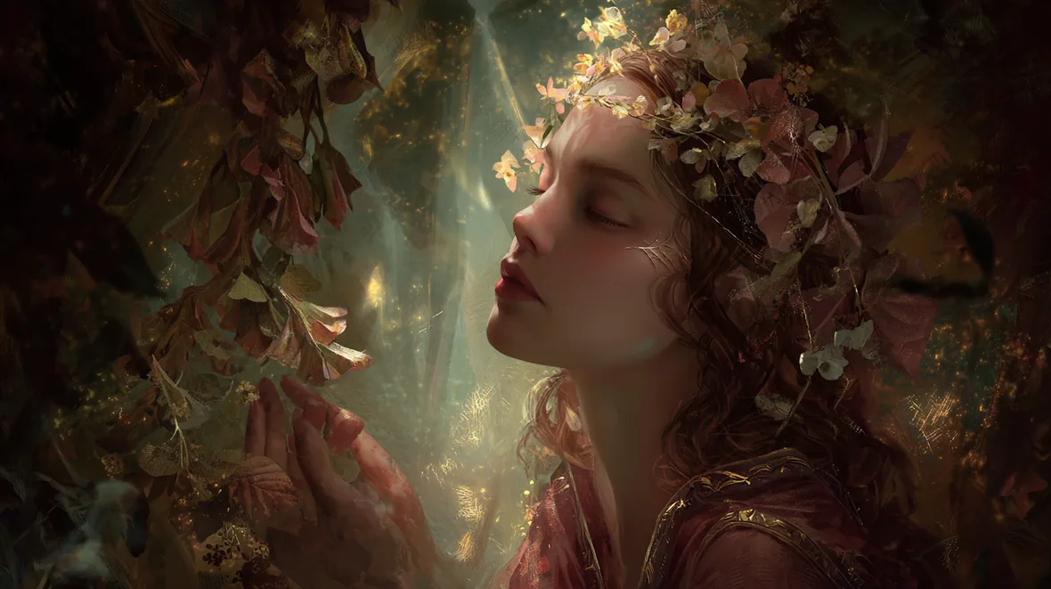 Modern artistic interpretation of Blodeuwedd as a flower-crowned woman in woodland light.