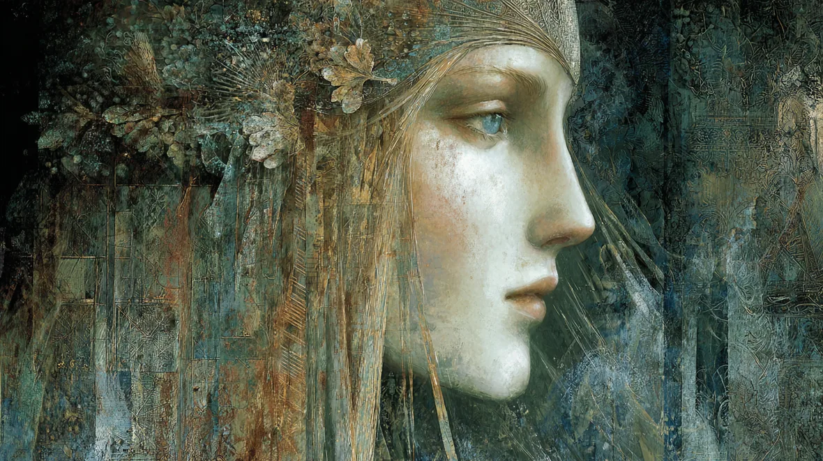Modern artistic interpretation of Blodeuwedd in profile, surrounded by flowers and shadowed woodland textures.