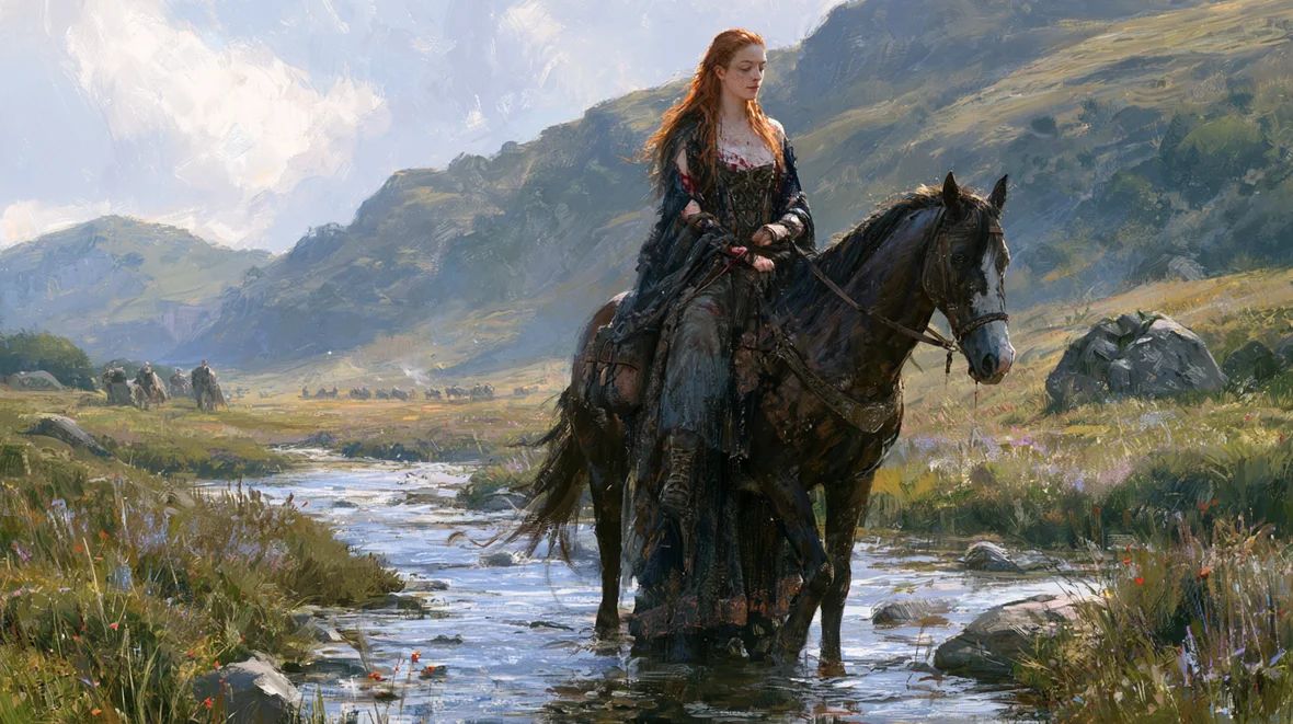 Modern artistic depiction of Macha as a mounted figure in an open Irish landscape.