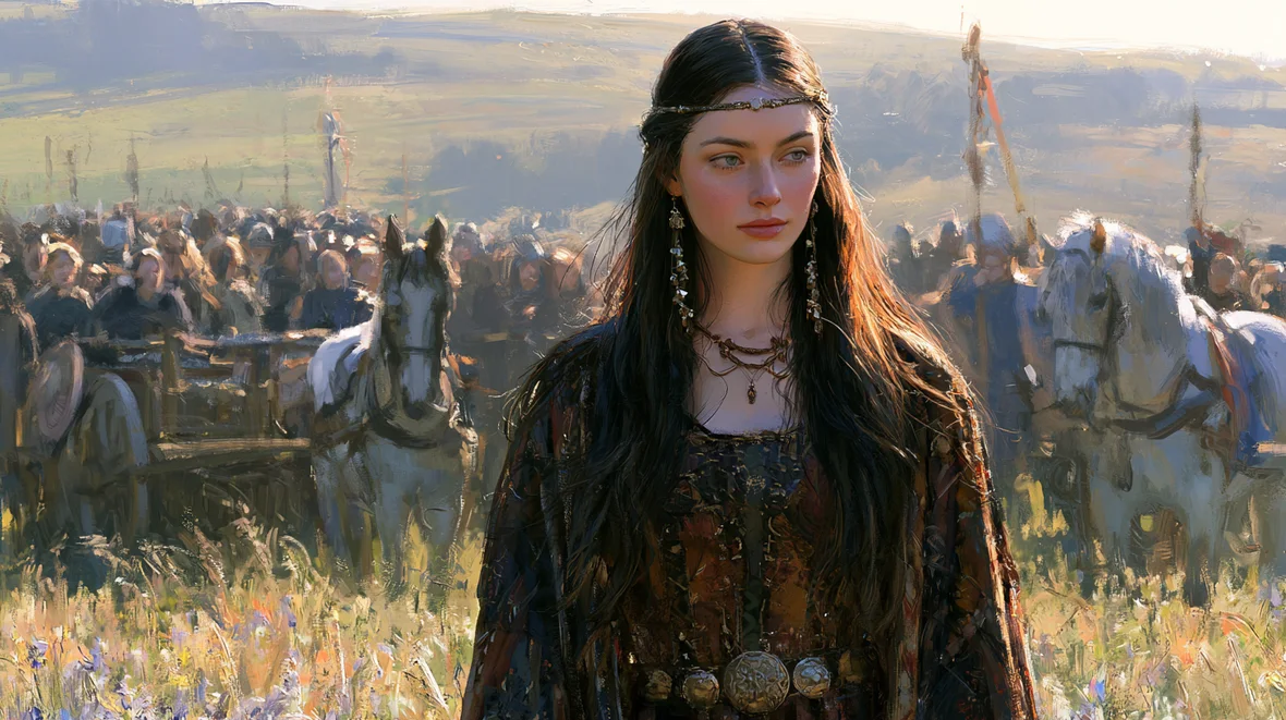 Modern Rose Arcane visual interpretation of a Celtic legendary woman before horses and an assembly.