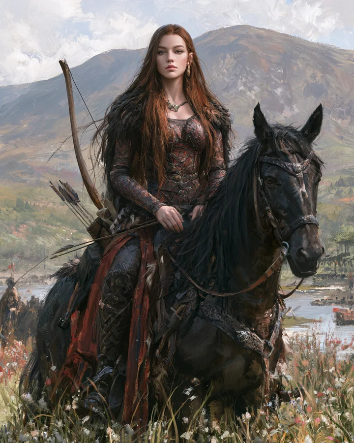 Modern artistic depiction of Scáthach as a warrior figure on horseback in a Celtic landscape.