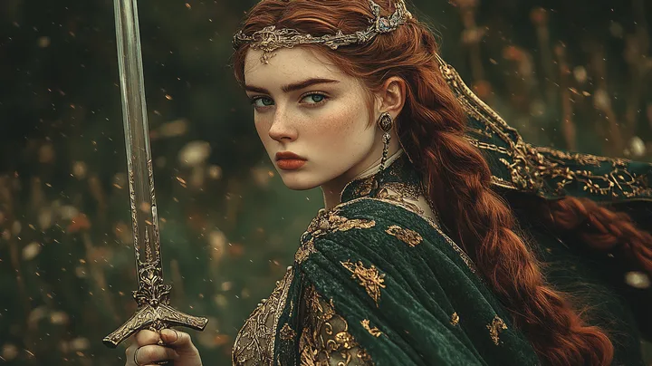 Modern Rose Arcane artistic interpretation of Scáthach as a warrior figure in a Celtic landscape.