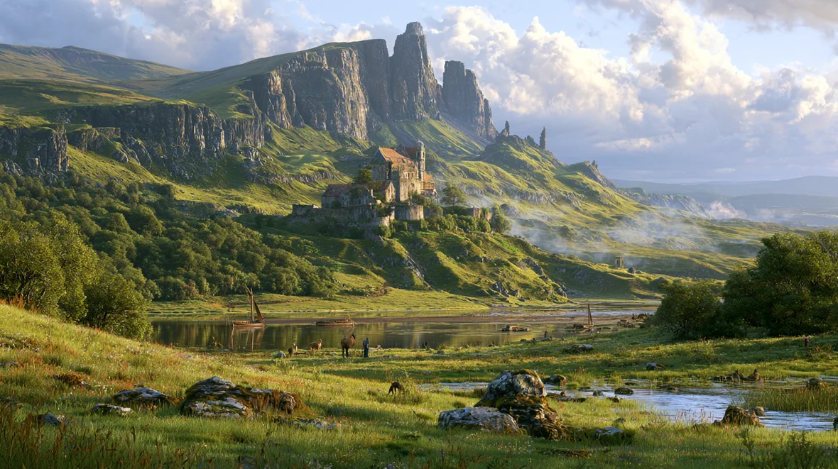 Modern Rose Arcane atmospheric landscape imagery evoking a Celtic island setting and mythological storytelling.